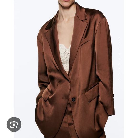 NWOT Zara Single Breasted Oversized Satin Blazer Jacket Sz M Brown NEW - Picture 12 of 13